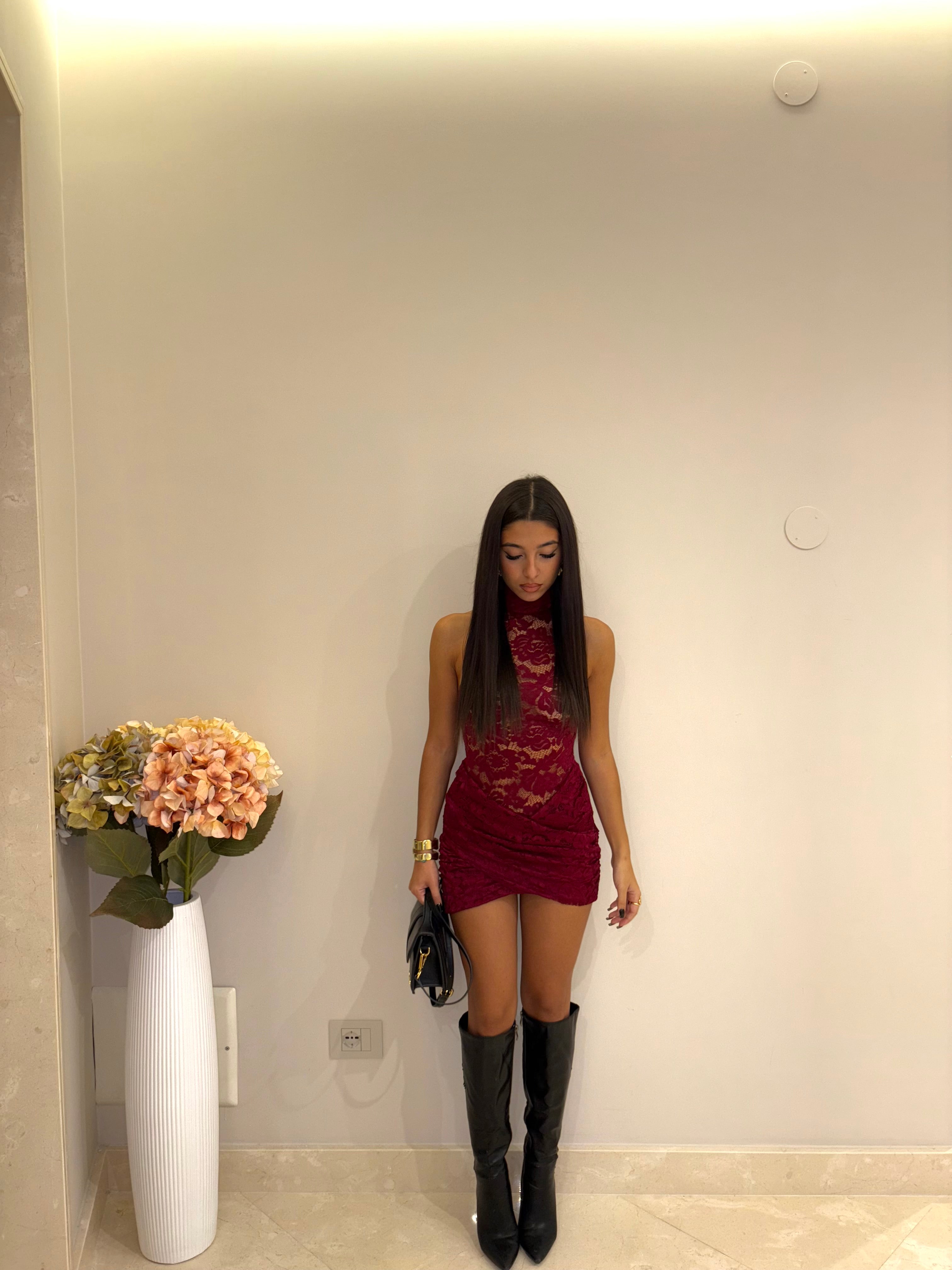 mini dress bordeaux pizzo